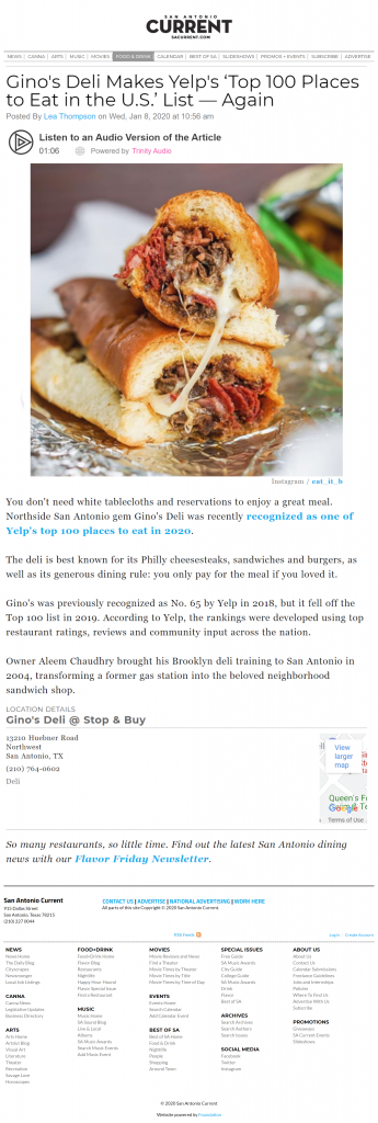 Gino's Deli Makes Yelp's Top 100 Places to Eat in the U.S. List — Again | SA Current