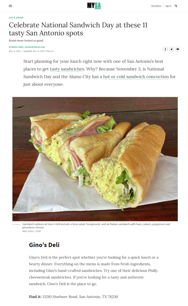 Ginos Deli one of 11 of the best sandwich places in San Antonio National Sandwich Day My San Antonio Nov 3rd 2022