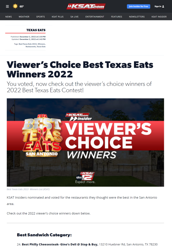 ksat-texas-eats-2022-12-02-viewers-choice-best-texas-eats-winners-2022 Ginos Deli Best Philly Cheese Steak