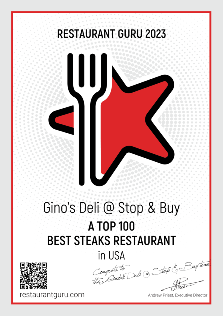 Ginos Deli Top 100 Steak Restaurants in USA Restaurant Gurus Certificate 2