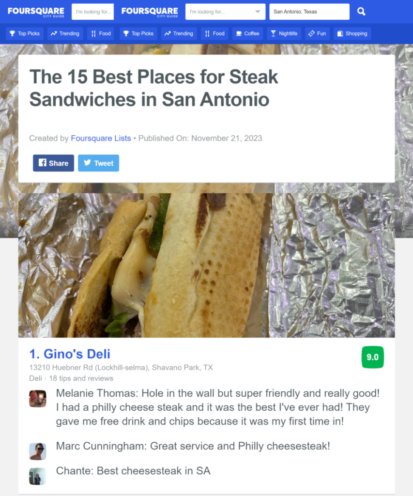 Foursquare Gino's Deli the Best Places for Steak Sandwich in San Antonio 11-30-2023