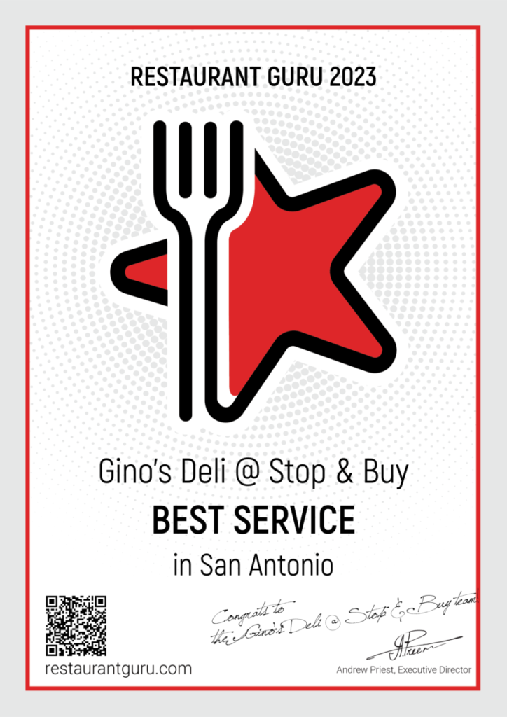 Excellent Service Award for Gino's Deli @ Stop & Buy Certificate Restaurant Guru