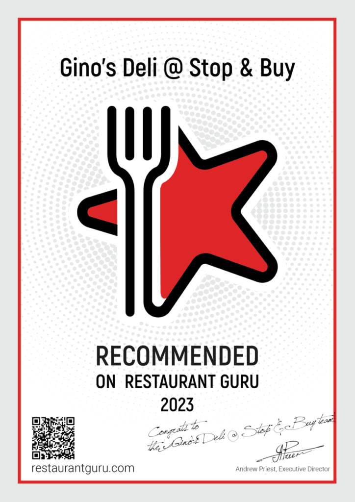 Ginos Deli Highly Recommended RestaurantGuru_Certificate1