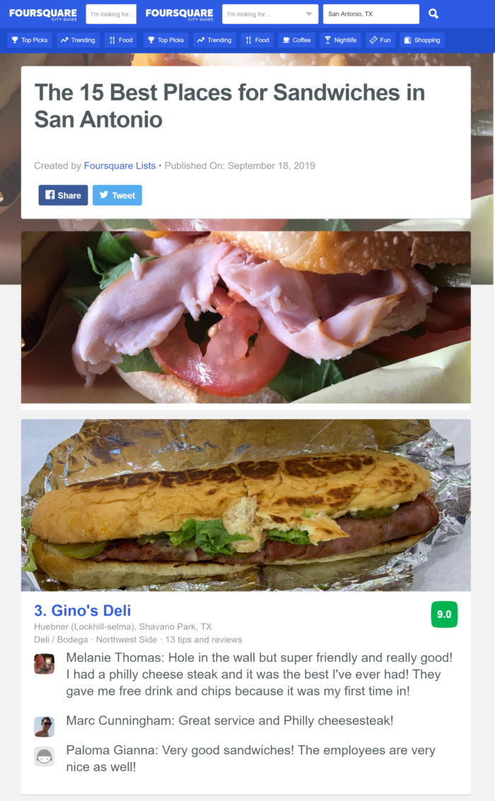 Gino's Deli named one of 15 Best Places for a Sandwich in San Antonio | FourSquare Sept 2019