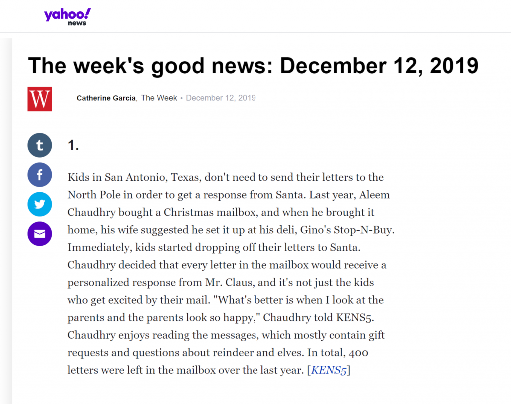 Yahoo News Ginos Deli SAnta LettersThe weeks good news December 12 2019