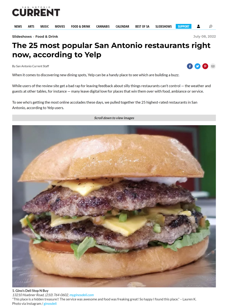 Gino's Deli The most popular San Antonio restaurants right now, according to Yelp july 8th 2022