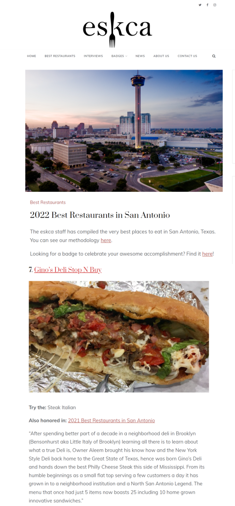 eskca-best-restaurants-in-san-antonio-2022-Gino's Deli article