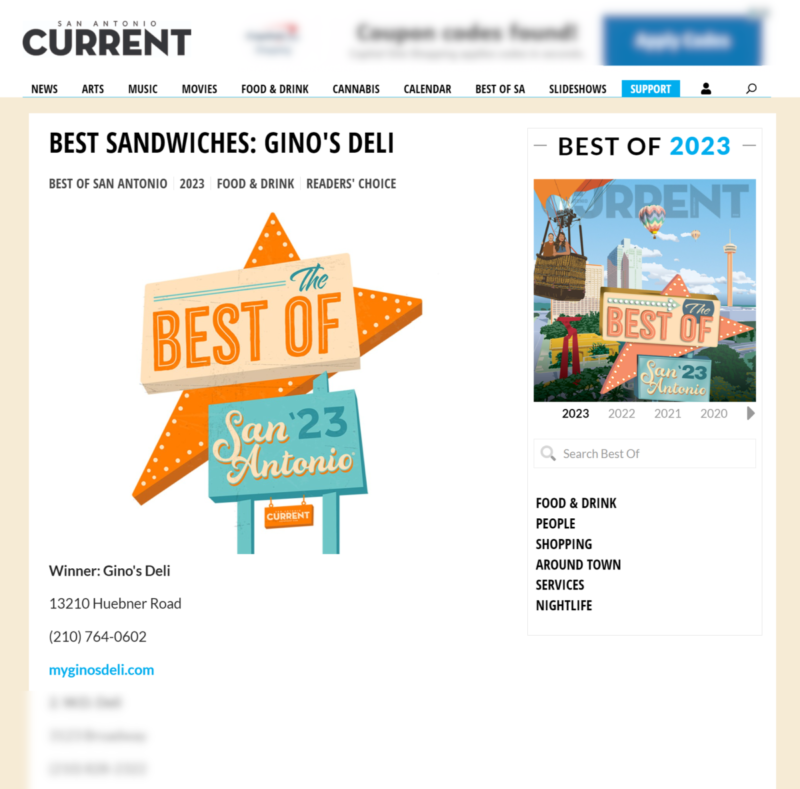 sacurrent best of 2023 Readers Choice Ginos Deli-best-Sandwiches in san antonio