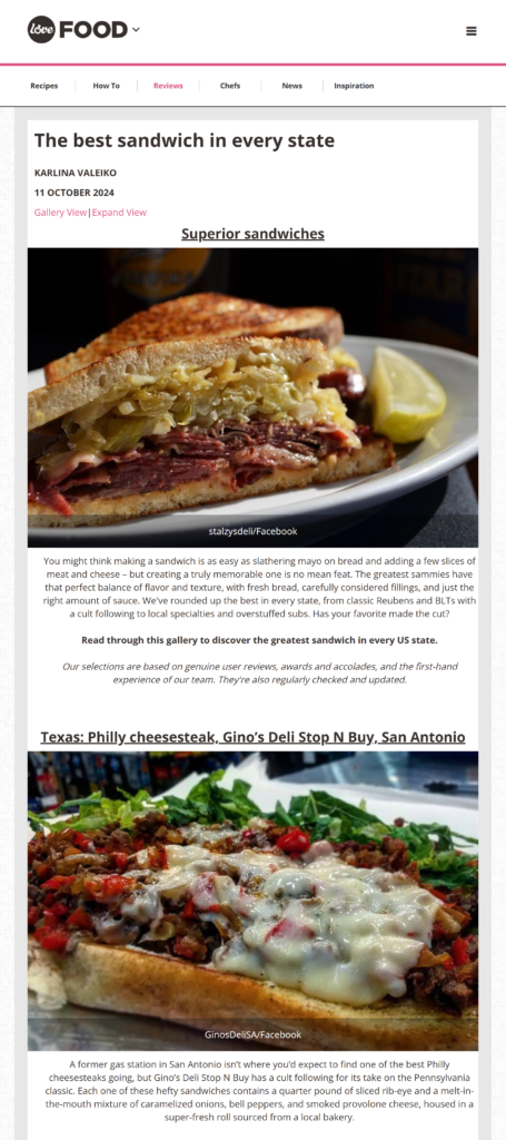 According to LoveFood.com the Philly Cheese Steak at Gino's Deli is the Best Sandwich in Texas