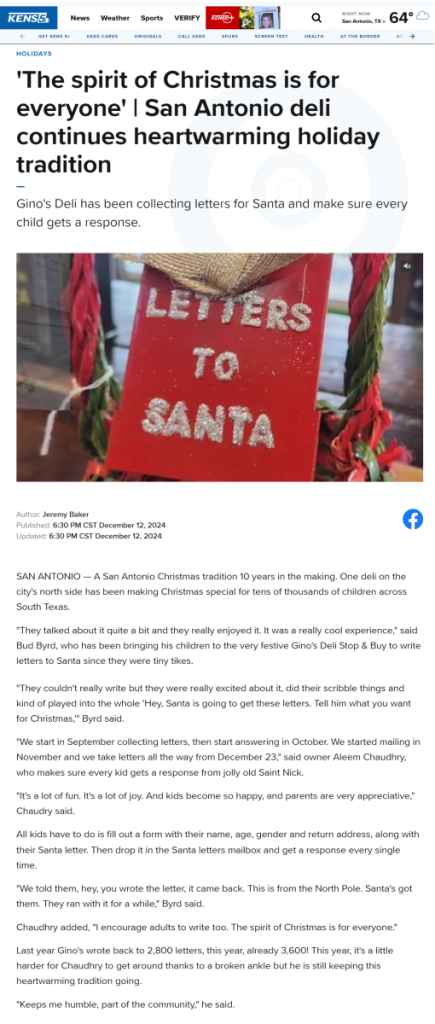 San Antonio's Gino's deli continues heartwarming holiday tradition of writing tens of thousands of Santa Letters to kids 12-24-2024