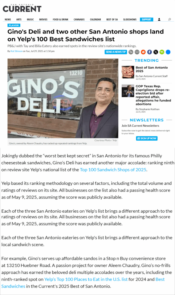 Gino's Deli lands on Yelp's 100 Best Sandwiches list _ San Antonio _ San Antonio Current 2025