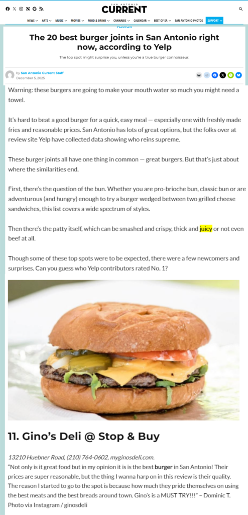Ginos Deli Ranked 11th Best burger in San Antonio San Antonio Current