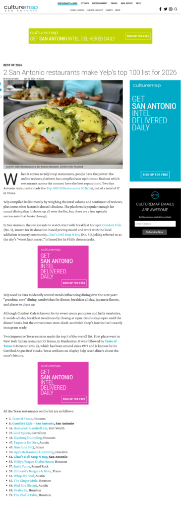 Culturemap Gino's Deli is 51st best restaurant in america by Yelp 01-23-2026