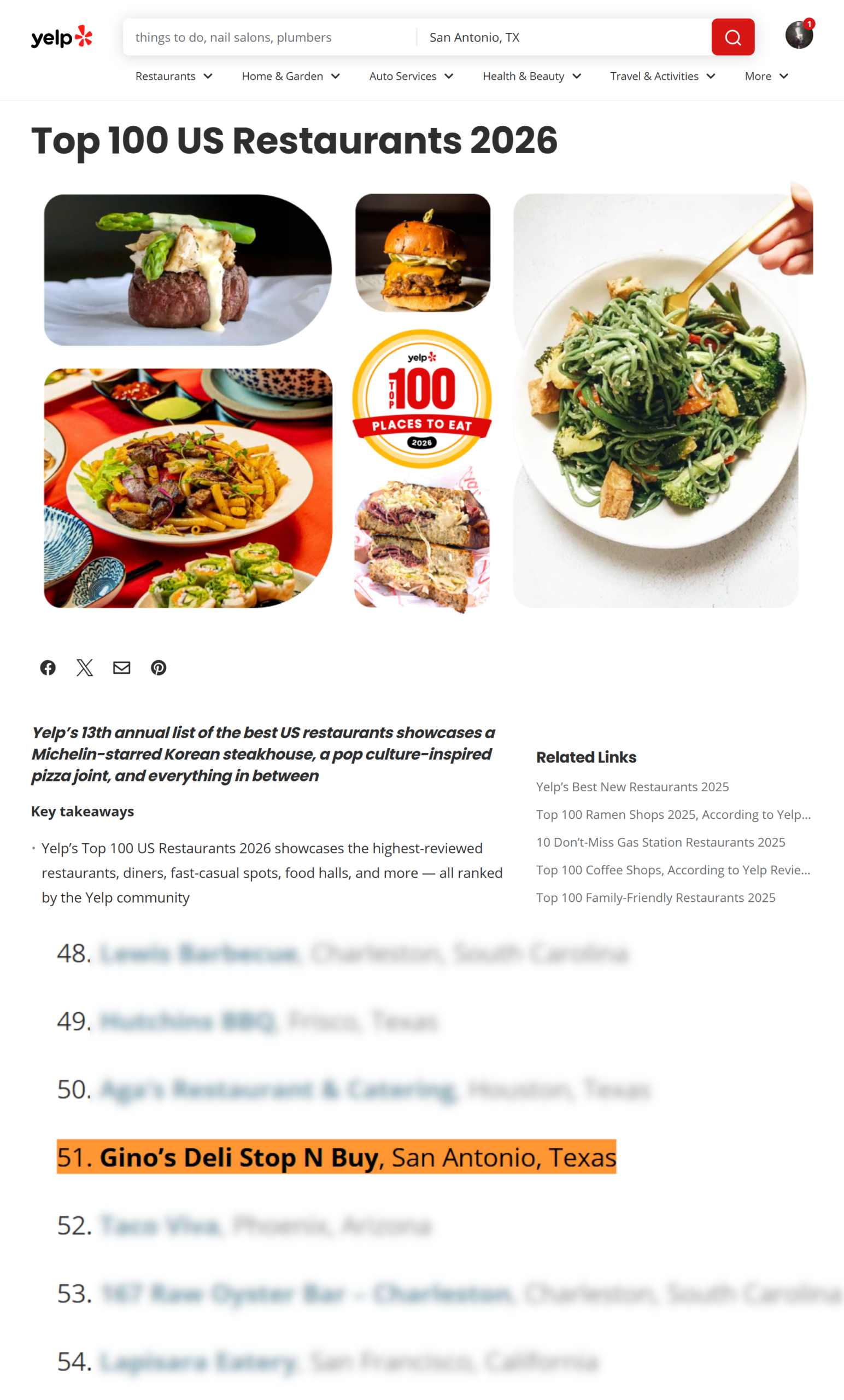 Gino's Deli the 51st best restaurant in america 01-21-2026 yelp