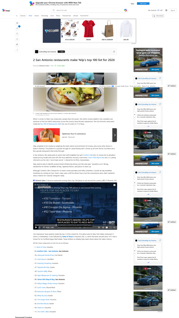 MSN Gino's Deli is 51st best restaurant in america 01-23-2026