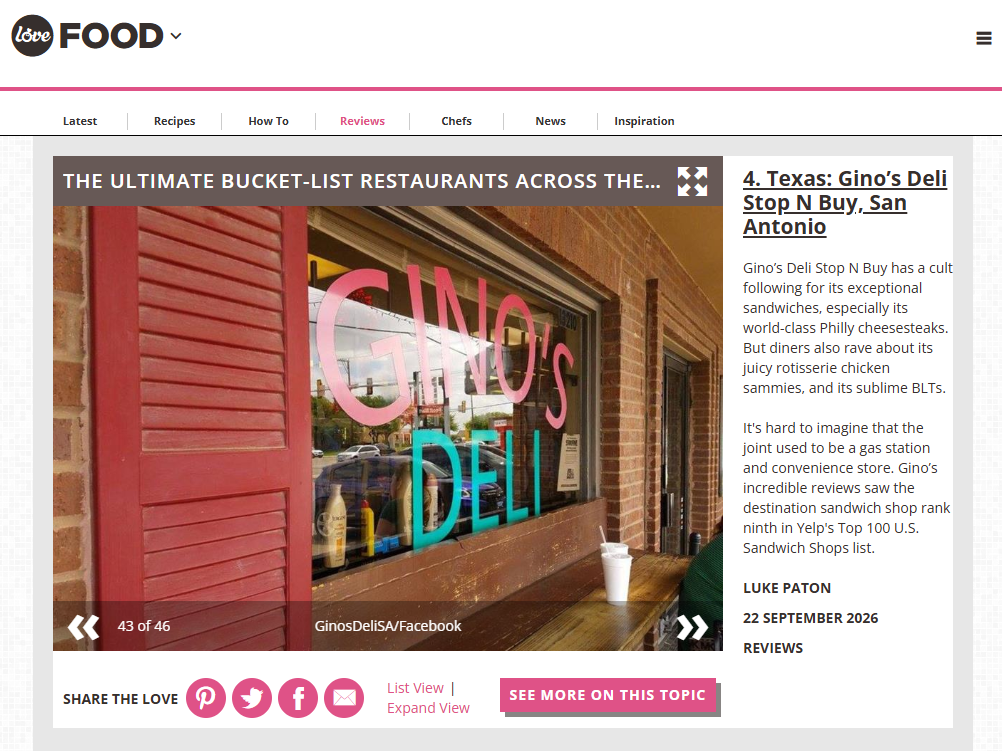 Gino’s Deli Named the 4th Best Bucket List Restaurant in America by LoveFood.com